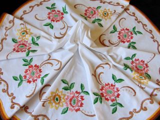 Antique Rustic French Country Thick Cotton Hand Embroidered Tablecloth 115 Cm