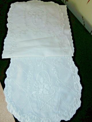 Vintage White Cotton Table Runner With White Work Hand Embroidery 42 " X 11 "