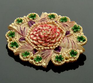 Antique Art Deco Celluloid Carved & Painted Flower Pin Brooch