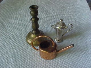 Vtg Miniature Doll House Brass Candle Stick Copper Watering Can Coffee Pot