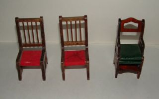 Vintage Miniature Wooden Dollhouse Furniture 2 Chairs & Folding Chair/step Stool