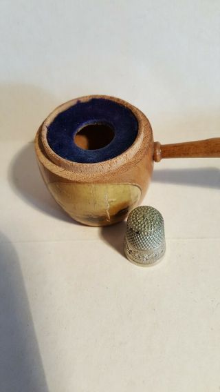 Mauchline Ware Thimble Holder in the form of a saucepan.  Faded picture of Perth 3