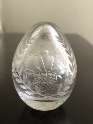Fabergé Hand Cut Crystal Clear Glass Solid Egg Engraved Signed 0242