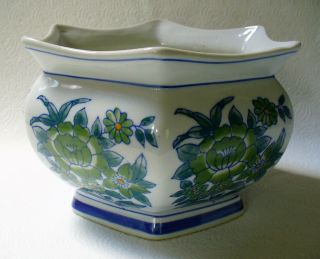 Vintage Ceramic Floral Footed Planter Flower Pot Cobalt Blue Green Six Sided Euc