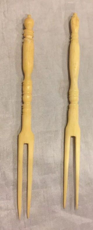 2 Antique Vintage Hand Carved Bone Bovine Pickle Cocktail Fork 4 3/4”