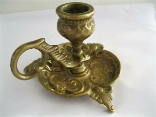 Antique 3 - Footed Brass Candle/chamber Stick Holder W/finger Loop