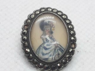 Antique Victorian Silver Hand Painted Brooch.  Thomas L Mott