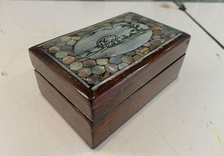 Vintage Inlaid Wooden Box With Hand Drawn Water Buffalo On M.  O.  P - Mirror In Lid