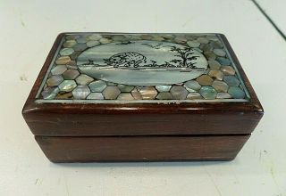 VINTAGE INLAID WOODEN BOX WITH HAND DRAWN WATER BUFFALO ON M.  O.  P - MIRROR IN LID 2