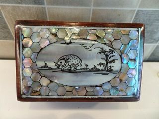 VINTAGE INLAID WOODEN BOX WITH HAND DRAWN WATER BUFFALO ON M.  O.  P - MIRROR IN LID 3