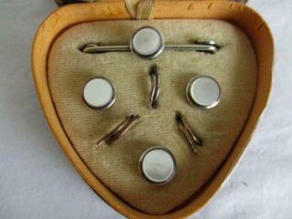 Stunning Antique Mother Of Pearl & Silver Mounted Dress Studs /buttons & Tie Pin
