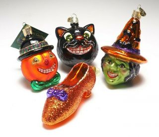 4 - Old World Christmas Halloween Ornaments/cat,  Slipper,  Witch,  Pumpkin