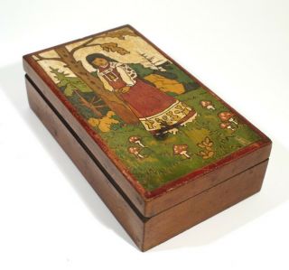 Vintage Art Deco Pictorial Wooden Trinket Box With Painted Lid Circa 1930.