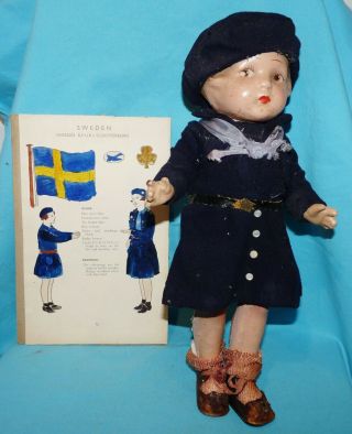 Antique 1920 - 30s Composition Doll 1938 Sweden Girl Guide Scout W Page 13 " 5 Jtd
