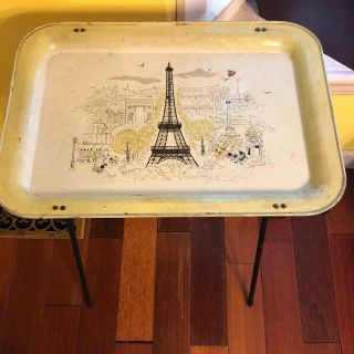 Vintage Paris Au Printemps Metal Folding Tv Dinner Lap Tray Stand 24” T 12.  5”w