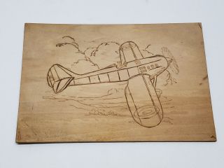 Antique Flemish Art Wood Burning Pyrography Plate Folk Art Airplane Plane 1920s