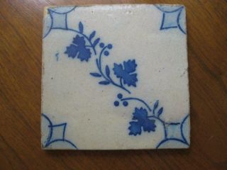 Antique Ceramic Wall Tile Blue & White Grape Leaf Vine Dutch 5 1/2 " X 5 1/2 "