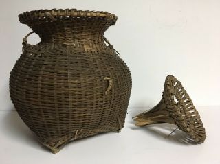 Antique/vtg Hand Made Asian Wicker Creel Fishing Trap Basket 10 " Tall With Lid
