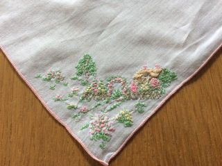 Vintage Handkerchief Tiny Petit Point Embroidery Of An English Thatched Cottage