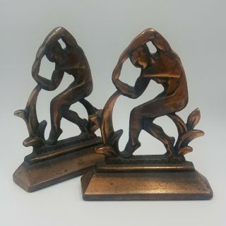 Vintage 1930s Art Deco Nude Male Pair Bookends Coppered Cast Iron
