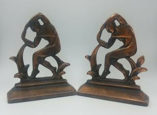 Vintage 1930s Art Deco Nude Male Pair Bookends Coppered Cast Iron 2