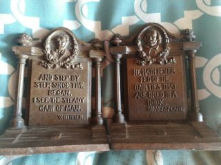 Vintage Brass Bookends.  Whitier And Shakespeare.  Quotes Old