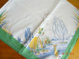 Vintage Tablecloth White Printed Crinoline Ladies On Each Corner 40/43 "