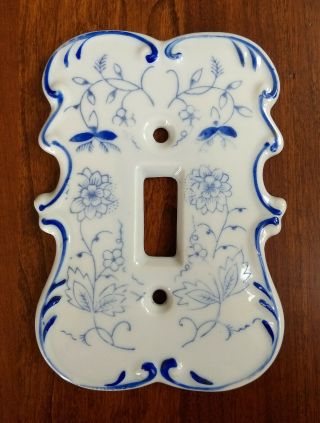 Vintage White Porcelain Light Switch Plate Cover Painted With Blue Floral Design