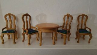 Vintage Golden Wood 1:12 Table And Chairs Set Miniatures Doll House Fairy