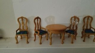 Vintage Golden Wood 1:12 Table And Chairs Set Miniatures Doll House Fairy 4