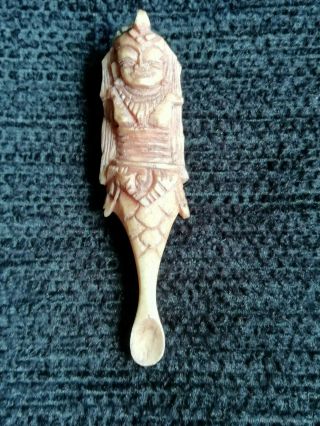 12201) Carved Pendant Mermaid W Tiny Spoon ?unique? 2.  25 " Long ?wooden?