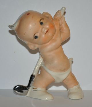 Vintage Pottery Lefton Napco Baby Boy Cherub Golfing Diaper Gold Silver