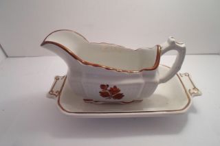 Antique Copper Luster Mellor Taylor Tea Leaf Gravy Boat & Alfred Meakin Tray 2pc