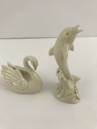 Lenox Ivory Ceramic Porcelain 4 " Dolphin & 3 " Swan Figurines With 24k Gold Trim