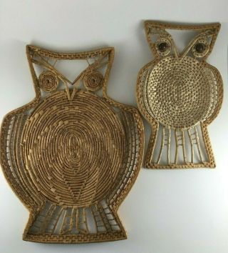2 Vintage Owl Shaped Wicker Basket Lay Flat Or Wall Hanging Home Decor
