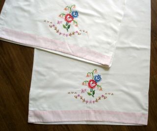 Vintage Pair White Cotton Pillow Cases Hand Embroidered Flowers