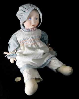 Vintage Bisque China Doll Hand - Painted Soft - Bodied Signed Smocked Dress,  Outfit