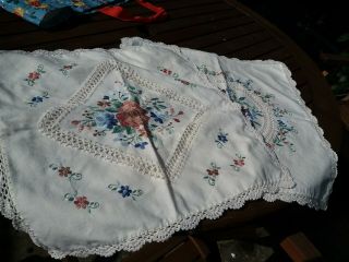 Hand Embroidered Cushion Cover Cream Lace Pair Flowers Cotton Vintage