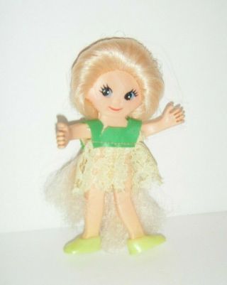 Vintage Ideal 5 " Flatsy Doll 1969 Blonde Linda Lace Dress & Green Shoes