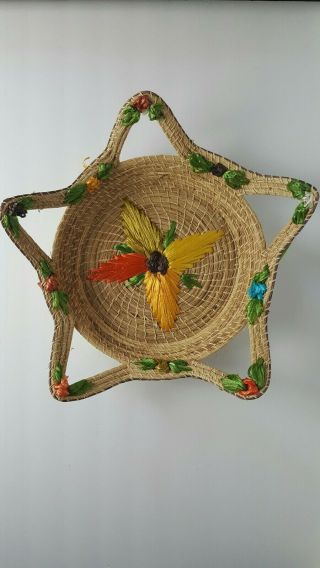 Vintage Boho Basket 15 " Wide Multi - Color Woven Straw Round Star Ethnic Decor