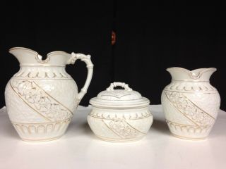 Vintage White Porcelain Water Pitcher W/bowl Lid And Vase Set/gold Trim/ Flowers