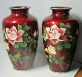 Japanese Pigeon Blood Foil Bamboo Ginbari Pink & Yellow Roses Cloisonne Vases