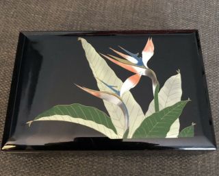 Vtg Otagiri Lacquerware Music Box Mirrored Jewelry Box Bird Of Paradise