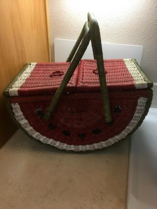 Vintage Watermelon Wicker Picnic Basket Double Handles,  Flip Lids Retro/rustic