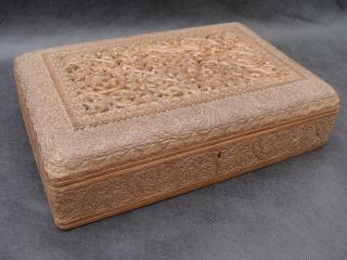 Antique Anglo Indian Large Mysore Hand Carved Jewellery Box With Key - Signed
