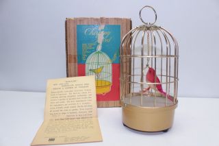 Saezuri Transistor Singing Red Bird In Bird Cage Decoration /w Box 1940s Garden