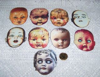 Halloween Vintage Creepy Doll Heads Linen Cardstock Paper Die Cut Ornies Cards
