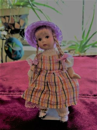 Tiny,  Porcelain,  Bisque Doll W/ Pigtails & Straw Hat,  Arms,  Legs,  Head Move 4.  5 "