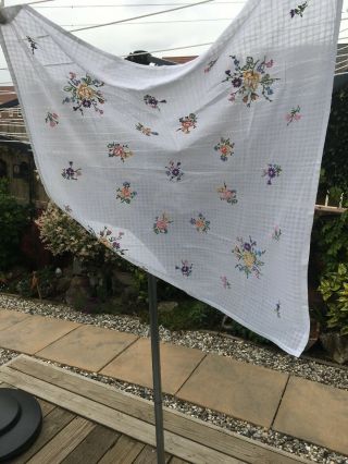 Vintage White Lawn Cotton Square Hand Embroidered Floral Tablecloth 33” (84cm)