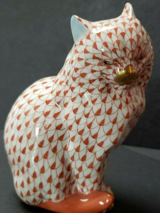 Herend Rust Fishnet Cat With Gold Ribbon - Regal Kitty With A Fancy Gold Nose